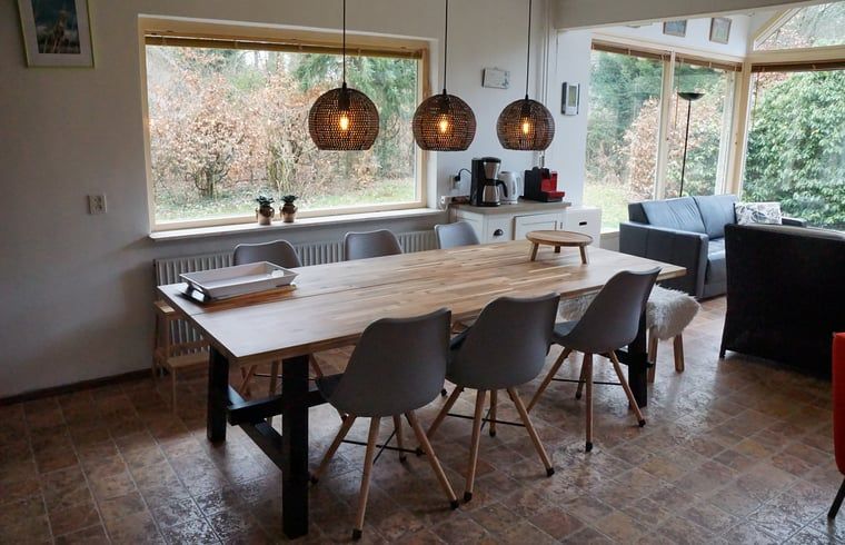 Ruime eetkamer in Vakantiehuis in Zorgvlied, Zuidwest Drenthe, met grote houten tafel en moderne stoelen.
