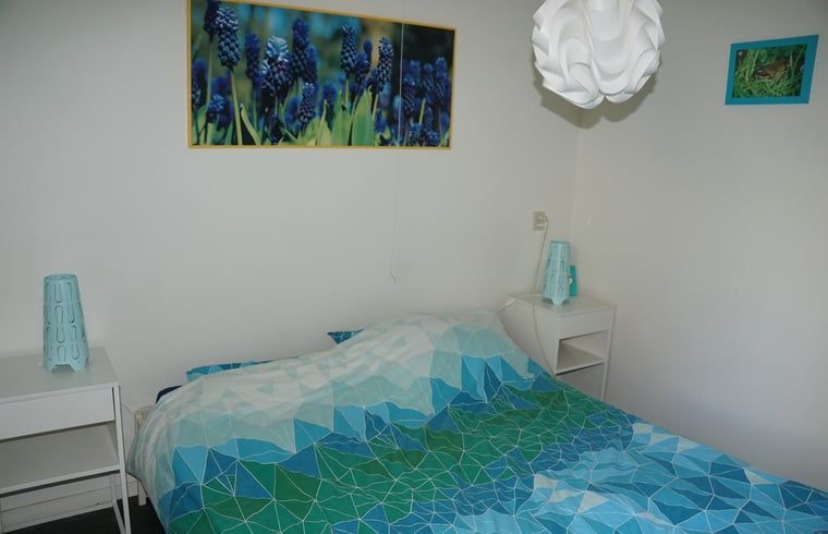 Slaapkamer met kleurrijk beddengoed in Vakantiehuis in Zorgvlied, Zuidwest Drenthe, voor een goede nachtrust.