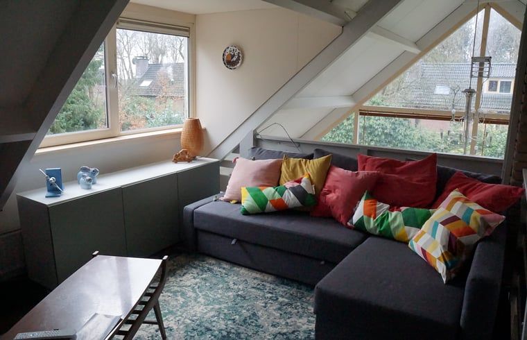Gezellige zithoek op zolder in Vakantiehuis in Zorgvlied, Zuidwest Drenthe, met kleurrijke kussens.