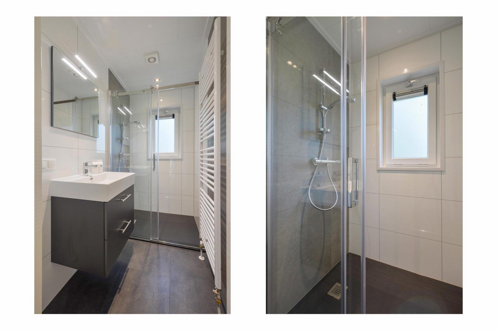 Luxe badkamer in Drenthelodge | Berging | 6 Pers, Zorgvlied, Drenthe, met moderne douche en stijlvolle afwerking.