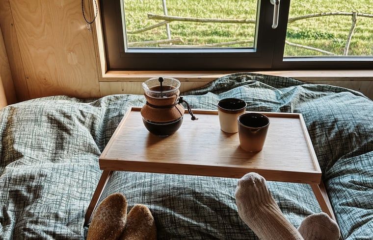 Relaxed breakfast in bed at Holiday cottage in Vledder, Southwest Drenthe, overlooking the fields.