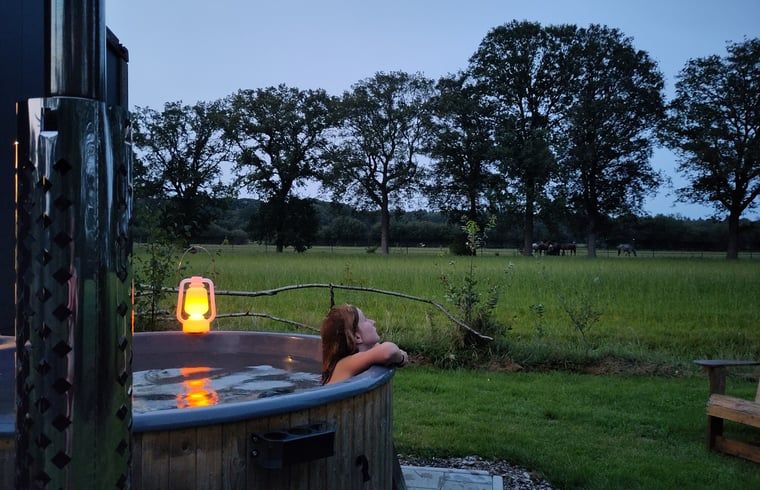 Relax in the hot tub at sunset at Holiday Home in Vledder, Southwest Drenthe.