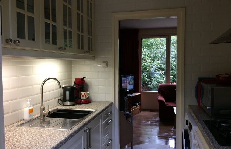 Kueche im Ferienhaus in Wateren, Westerveld, mit modernen Geraeten und Blick auf Drenthe.