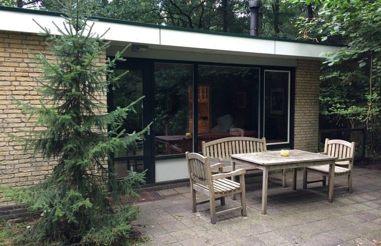Terrasse des Ferienhauses in Wateren, Westerveld, mit Holzmoebeln und Natur in Drenthe.