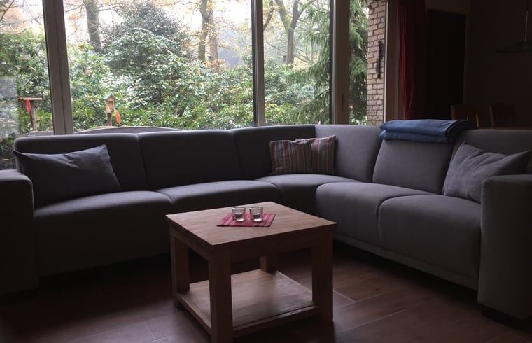 Gemuetliche Sitzecke im Ferienhaus in Wateren, Westerveld, mit Blick auf die Natur in Drenthe.