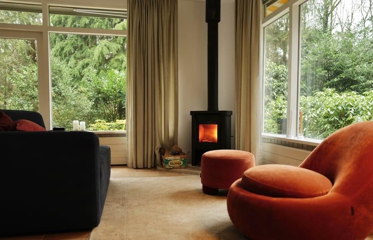 Gemuetliches Wohnzimmer mit Kamin im Ferienhaus in Wateren, Westerveld, Drenthe fuer einen gemuetlichen Urlaub.