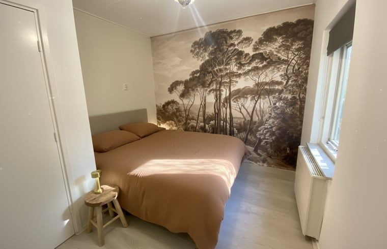 Schlafzimmer mit Doppelbett in einem Ferienhaus in Wateren, Westerveld, Drenthe mit Blick auf den Garten.