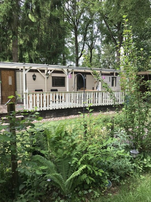 Charme Chalet Kairos in Wateren, Drenthe biedt een sfeervol terras met uitzicht op de omliggende natuur.