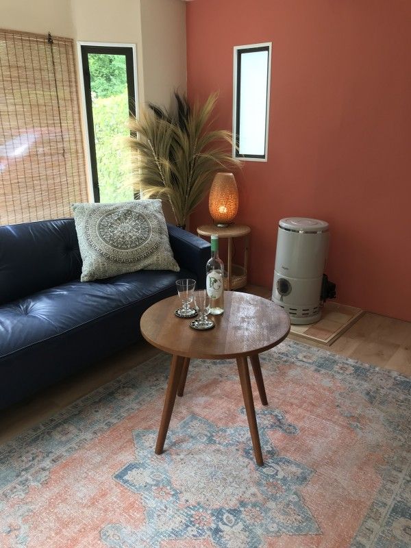 Stijlvolle woonkamer van Charme Chalet Kairos in Wateren, Drenthe, met moderne inrichting en veel licht.