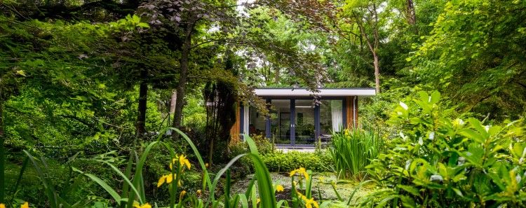 Ontdek Bosbungalow Eekhoorn in Wateren, Zuidwest Drenthe, een vakantiehuis omgeven door weelderige natuur en rustgevende groene omgeving.