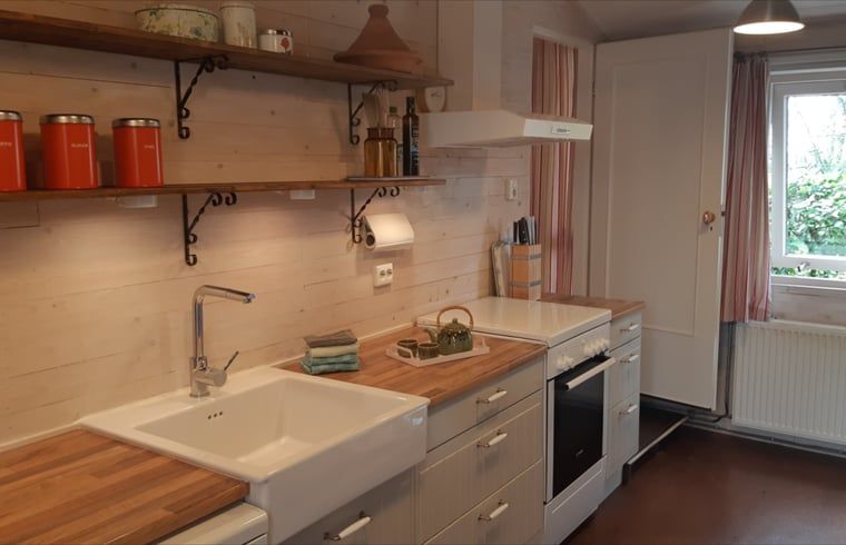 Modern kitchen in Cottage in Koekange, vacation home in Southwest Drenthe, with wooden finishes and appliances.