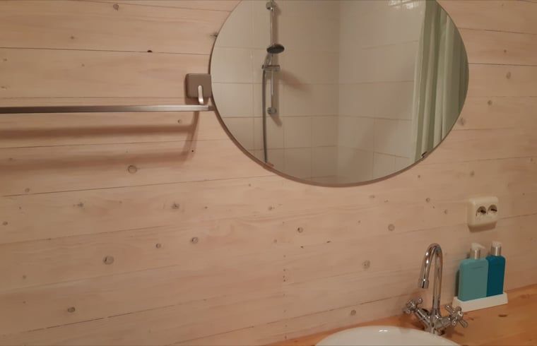 Modern bathroom with wooden details in Cottage in Koekange, vacation home in Southwest Drenthe, with large mirror.