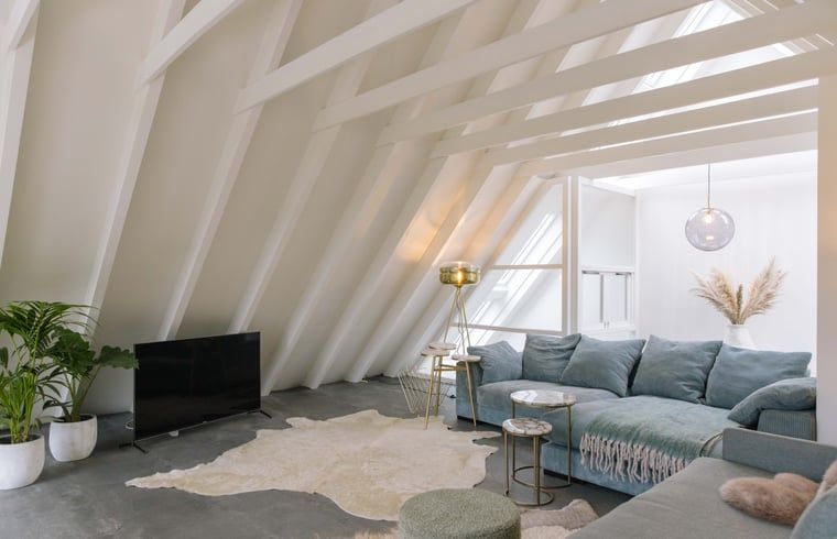 Stilvolles Wohnzimmer des Ferienhauses in Uffelte, Suedwest-Drenthe, mit modernen Moebeln und bequemen Sitzgelegenheiten.