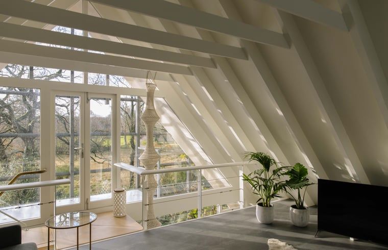 Panoramablick vom Wohnzimmer des Ferienhauses in Uffelte, Suedwest-Drenthe, mit viel natuerlichem Licht.