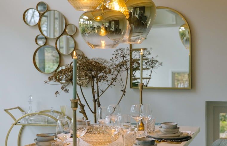 Eleganter Essbereich im Ferienhaus in Uffelte, Suedwest-Drenthe, mit stilvoll gedecktem Tisch und moderner Dekoration.