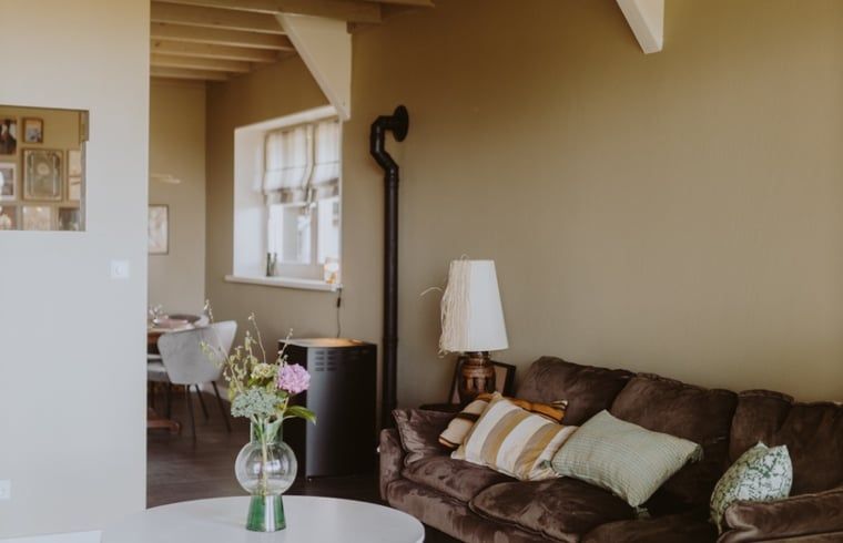 Gemuetliches Wohnzimmer im Ferienhaus in Uffelte, Suedwest-Drenthe, mit Blumenvase und gemuetlicher Atmosphaere.