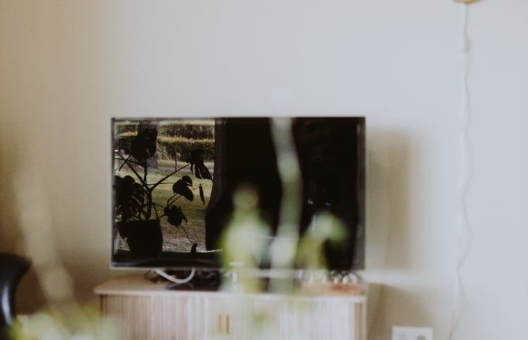 Moderne TV-Ecke im Ferienhaus in Uffelte, Suedwest-Drenthe, mit Blick auf die gruene Landschaft.