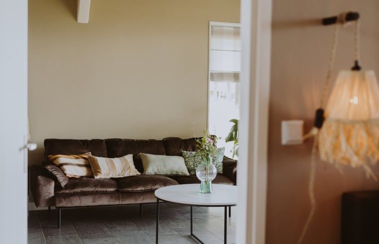 Gemuetliche Sitzecke im Ferienhaus in Uffelte, Suedwest-Drenthe, mit bequemem Sofa und dekorativen Kissen.