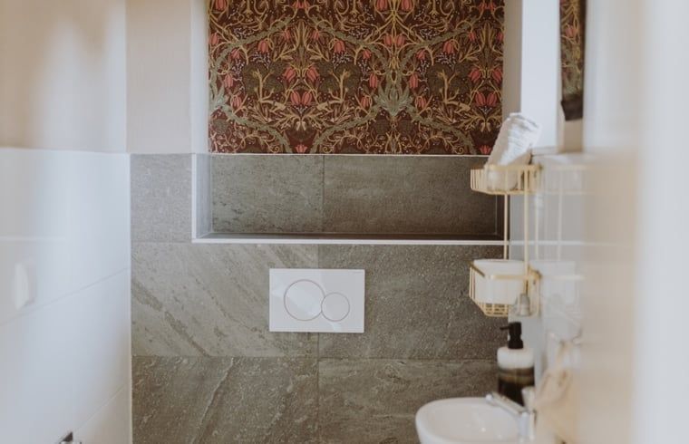 Modernes Badezimmer im Ferienhaus in Uffelte, Suedwest-Drenthe, mit einzigartigen Fliesenmustern und stilvollem Finish.