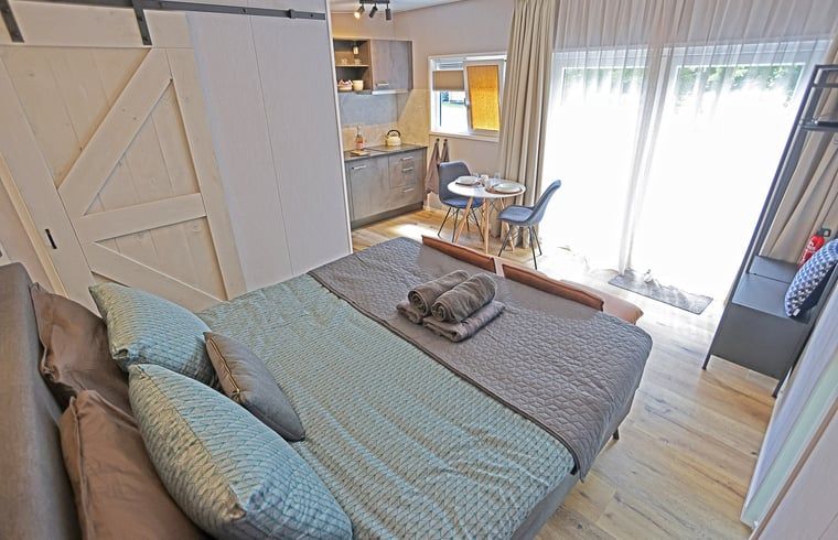 Slaapkamer van Huisje in Elim, vakantiehuis in Elim, Zuidwest Drenthe, met moderne inrichting en veel licht.