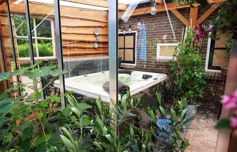 Overdekte jacuzzi bij Huisje in Elim, vakantiehuis in Elim, Zuidwest Drenthe, omringd door groen.
