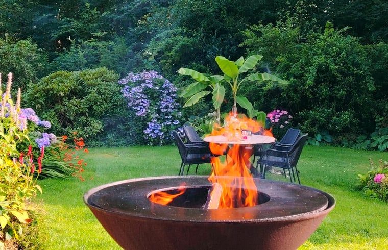 Vuurschaal in de tuin van Huisje in Elim, vakantiehuis in Elim, Zuidwest Drenthe, voor sfeervolle avonden.