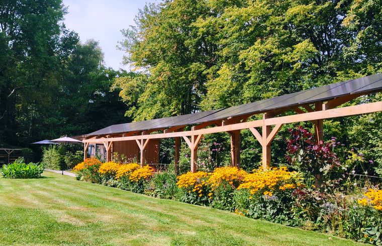 Prachtige bloementuin van Huisje in Elim, vakantiehuis in Elim, Zuidwest Drenthe, in volle bloei.