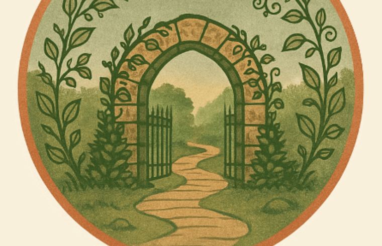 Sfeervolle illustratie bij vakantiehuis in Elim, Drenthe, met een stenen poort en kronkelend pad.