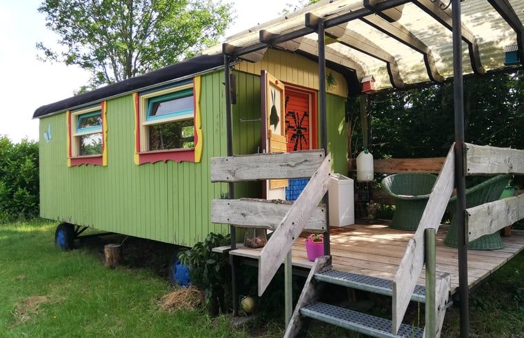 Kleurrijke veranda van vakantiehuis in Elim, Drenthe, met gezellige zitplek en bloempotten.