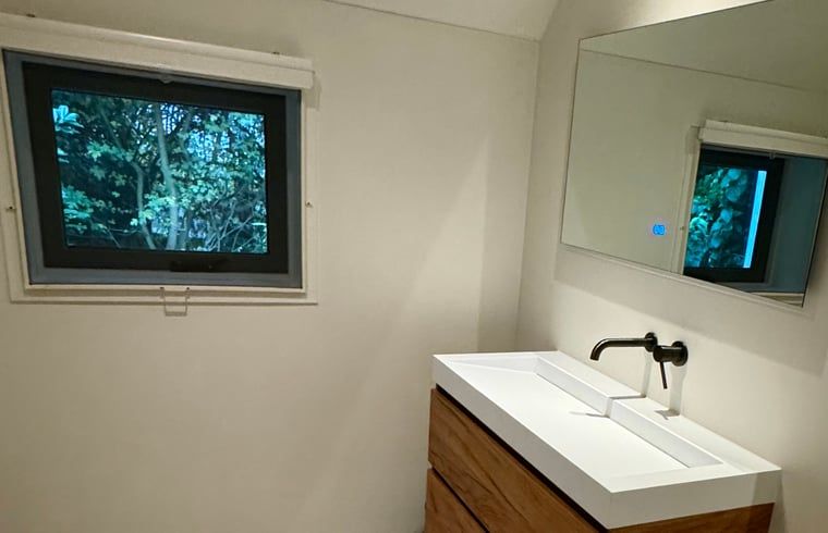 Badezimmer mit Waschbecken im Ferienhaus in Ansen, Suedwest-Drenthe mit Blick ins Gruene.