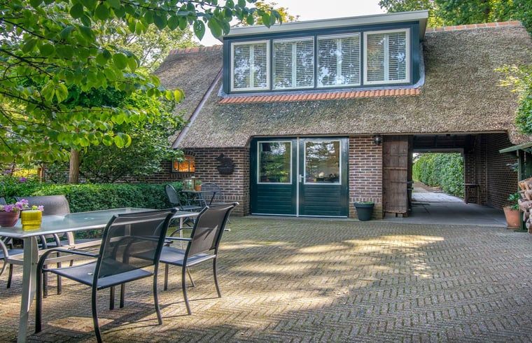 Buitenterras van Huisje in Veeningen, vakantiehuis in Zuidwest Drenthe, omgeven door natuur.