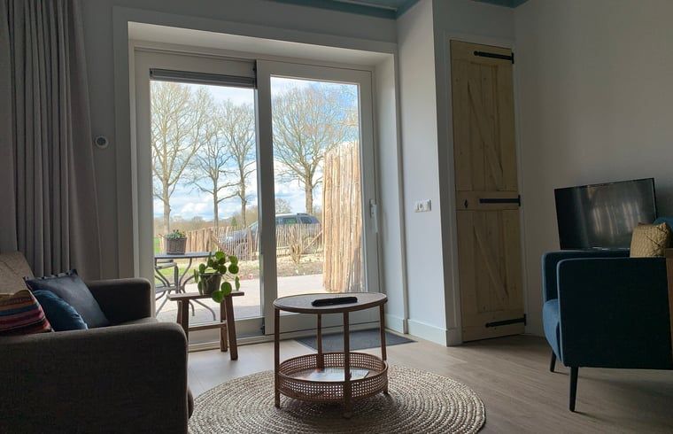 Lichte woonkamer in Huisje in Frederiksoord, een vakantiehuis in Zuidwest Drenthe met moderne inrichting.