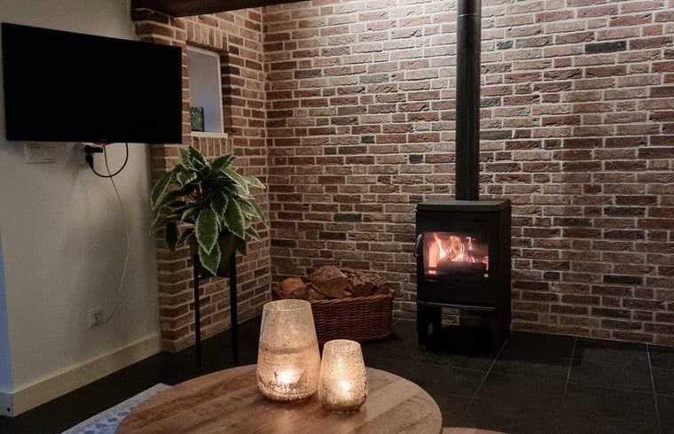 Gemuetlicher Kamin im Ferienhaus in Oude Willem, Suedwest-Drenthe, fuer gemuetliche Abende.