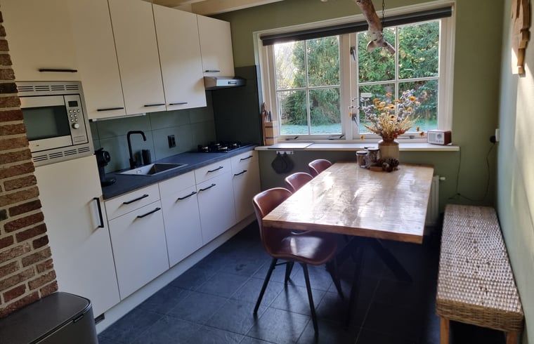 Voll ausgestattete Kueche im Ferienhaus in Oude Willem, Suedwest-Drenthe, mit Blick auf den Garten.