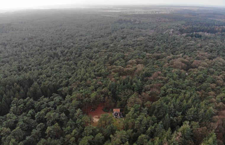 Luchtfoto van Huisje in Oude Willem, vakantiehuis omgeven door uitgestrekte bossen in Zuidwest Drenthe.
