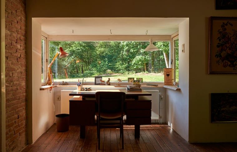 Werkruimte met uitzicht op de natuur in Huisje in Oude Willem, vakantiehuis in Zuidwest Drenthe.