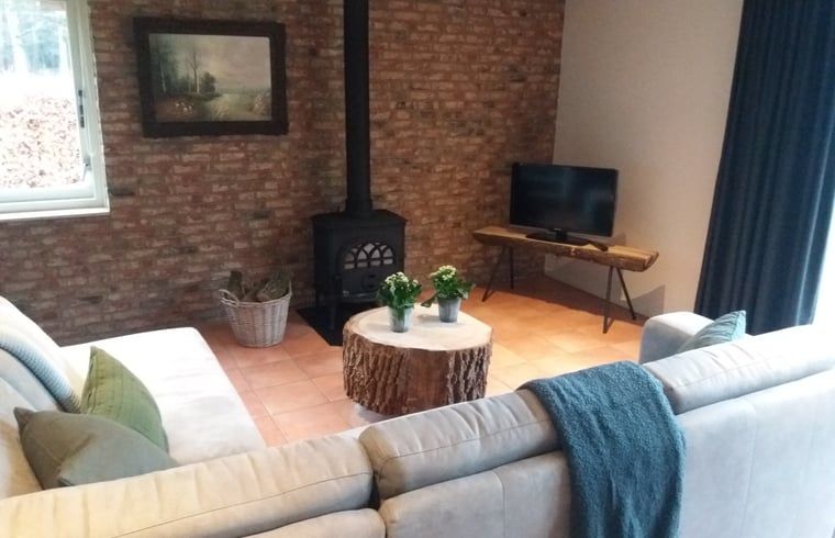 Knusse woonkamer met open haard in Vakantiehuisje in Hollandscheveld, Zuidwest Drenthe, Drenthe.