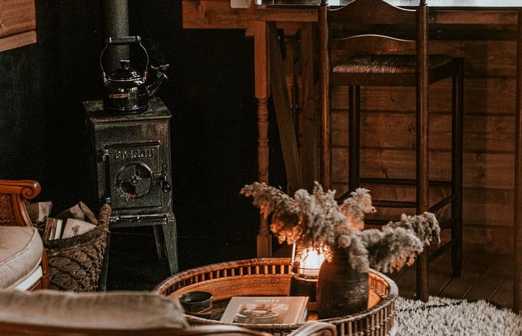 Cozy interior of Holiday Home in Zeewolde, Southern Flevoland, with rustic furnishings and cozy wood-burning stove.