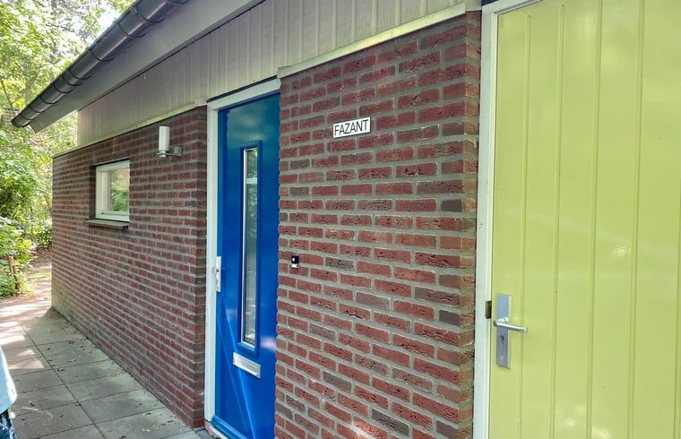 Ingang van Huisje in Oudemirdum, vakantiehuis in Friese bossen, Friesland met kleurrijke deur.