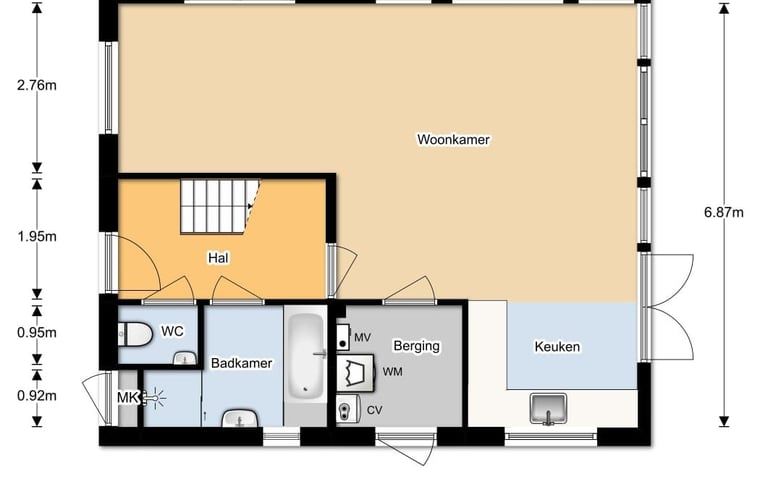 Plattegrond van begane grond in Huisje in Oudemirdum, vakantiehuis in Friese bossen, Friesland.