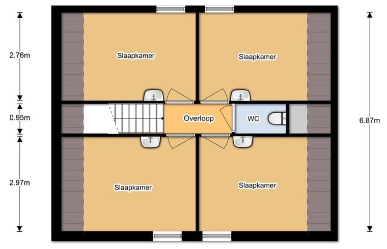 Plattegrond van bovenverdieping in Huisje in Oudemirdum, vakantiehuis in Friese bossen, Friesland.