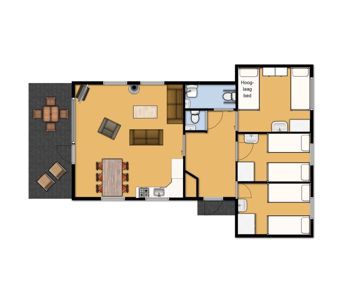 Plattegrond van Aangepaste bungalow de Dobbe in Appelscha, Friese bossen, toont ruime indeling en moderne faciliteiten voor een comfortabel verblijf.