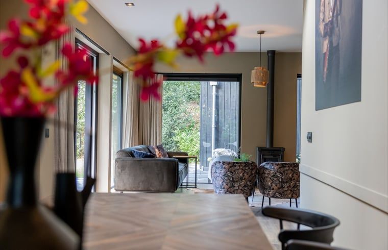 Cozy living room of Huisje in Appelscha, vacation home in the Frisian forests of Friesland, with a view of the green garden and modern interior.