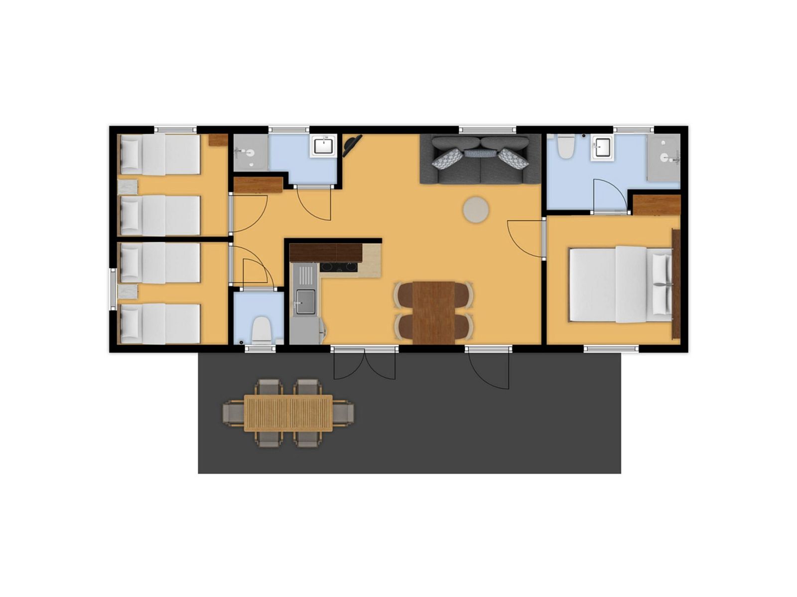 Plattegrond van Mobil home de Libelle, Appelscha, met indeling van kamers en voorzieningen.