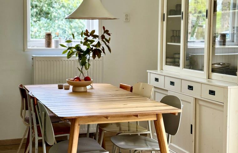 Eetkamer van Huisje in Appelscha, vakantiehuis in Friesland, met houten tafel en frisse inrichting.