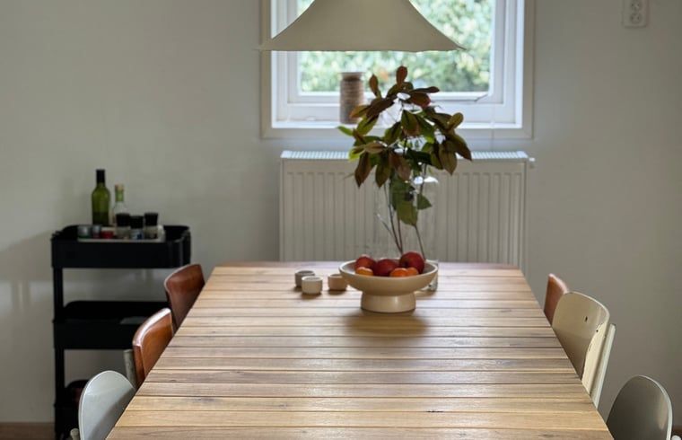 Gezellige eetruimte in Huisje in Appelscha, vakantiehuis in Friesland, met uitzicht op de tuin.