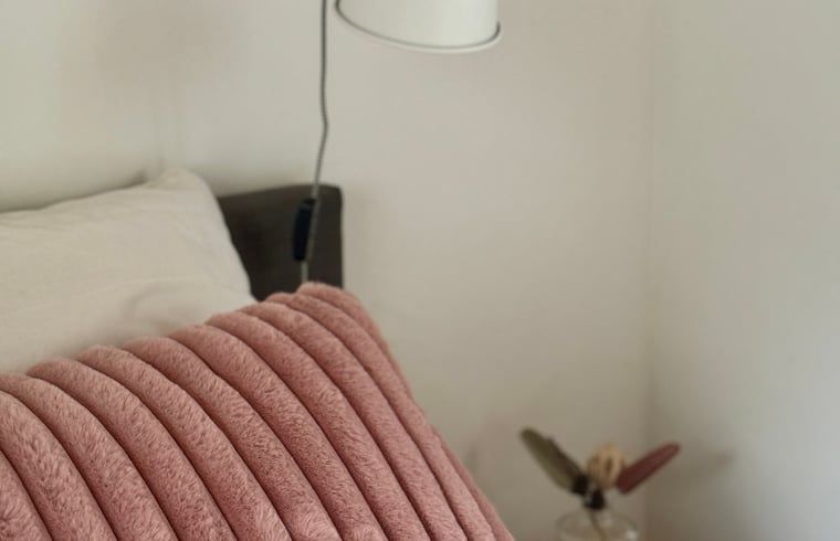 Stijlvolle slaapkamer in Huisje in Appelscha, vakantiehuis in Friese bossen, met roze accenten.