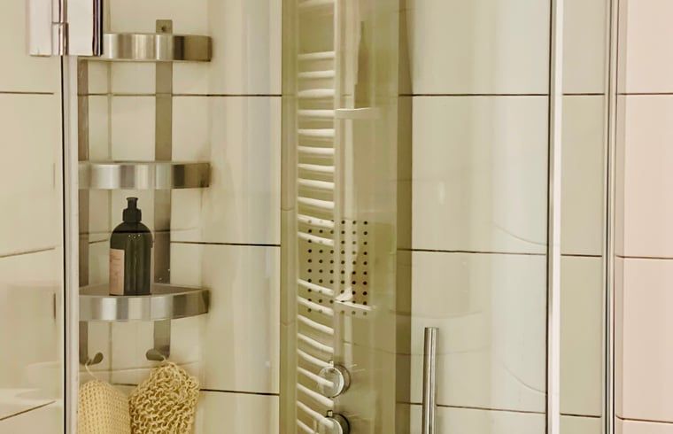 Stijlvolle douche in Huisje in Appelscha, vakantiehuis in Friese bossen, met luxe afwerking.