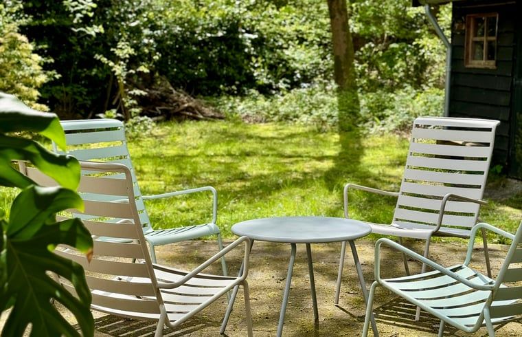 Zithoek in de tuin van Huisje in Appelscha, vakantiehuis in Friese bossen, omgeven door natuur.