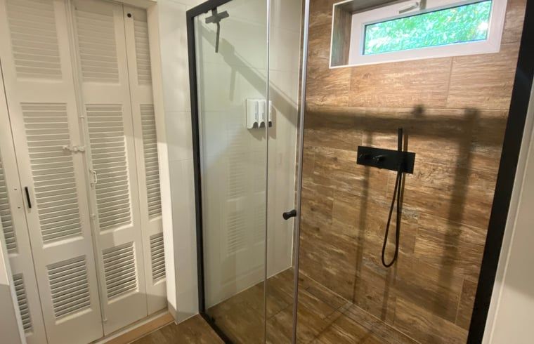 Luxusdusche im Ferienhaus in Appelscha, mit moderner Ausstattung und Blick auf die friesischen Waelder.